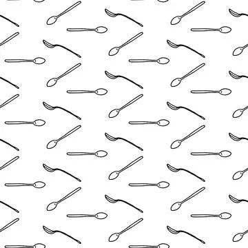 Vector seamless patten with hand drawn linear tea spoons. Simple monochrome.. Stock Illustration