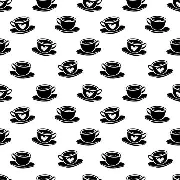 Vector seamless patten with hand drawn cup of coffee or tea cup and hearts. S Stock Illustration