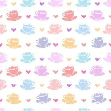 Vector seamless patten with hand drawn cup of coffee or tea cup and hearts... Stock Illustration