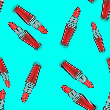 Vector seamless patter with red lipstick on turquoise background Stock Illustration
