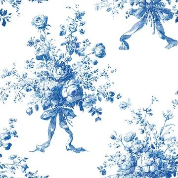 Vector Seamless Pattern 1 Blue Toile de Jouy Floral Bouquet, Vintage French.. Stock Illustration