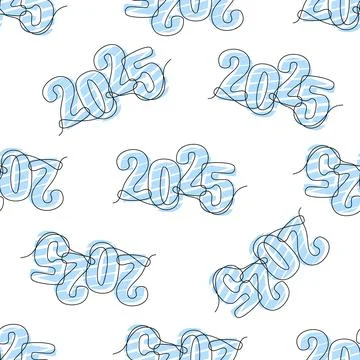 Vector seamless pattern with 2025 single continuous line. New Year concept. Stock Illustration
