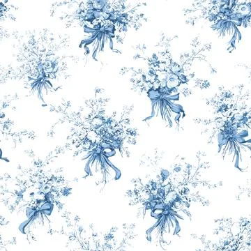 Vector Seamless Pattern 3 Blue Toile de Jouy Floral Bouquet, Vintage French.. Stock-Illustration