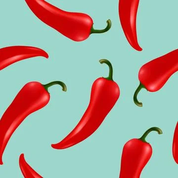 Vector Seamless Pattern with 3d Realistic Red Hot Chilli Pepper on Blue Stock Illustration
