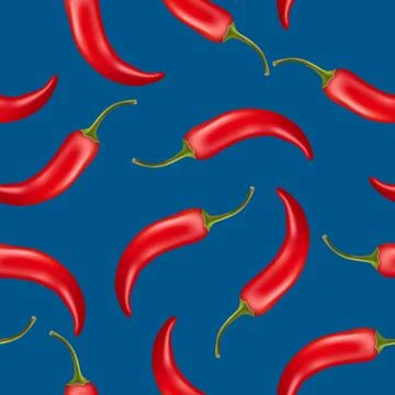 Vector Seamless Pattern with 3d Realistic Red Hot Chilli Pepper on Blue Stockillustratie