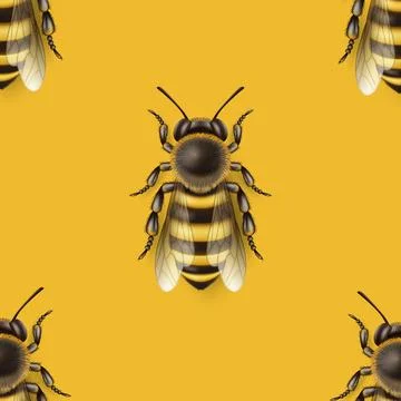 Vector Seamless Pattern with 3d Realistic Detailed Honey Bee Icon Closeup on Ilustración de archivo