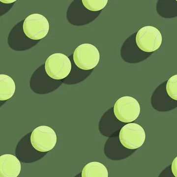 Vector seamless pattern with 3D yellow tennis ball on green background. Patte Stock Illustration