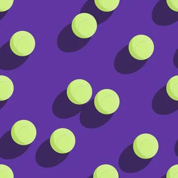Vector seamless pattern with 3D yellow tennis ball on purple background. Patt Ilustración de archivo