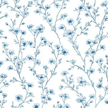 Vector Seamless Pattern 4 Blue Toile de Jouy Floral Branches, Vintage French Illustrazione stock