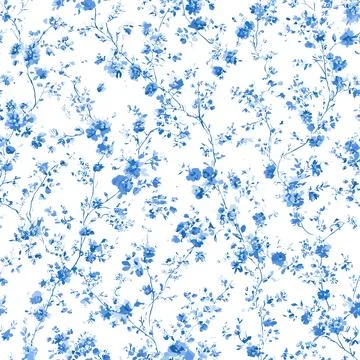 Vector Seamless Pattern 5 Blue Toile de Jouy Floral Branches, Vintage Frenc.. Illustrazione stock