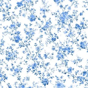 Vector Seamless Pattern 8 Blue Toile de Jouy Floral Branches, Vintage Frenc.. Illustrazione stock