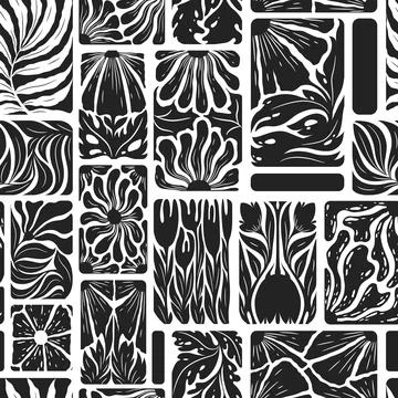 Vector seamless pattern with abstract black flowers, leaves and branches is.. Stock Illustration