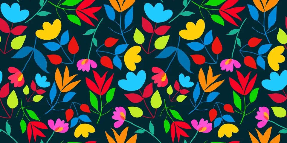Vector seamless pattern with abstract bright minimalist flowers on dark bac.. Stock Illustration