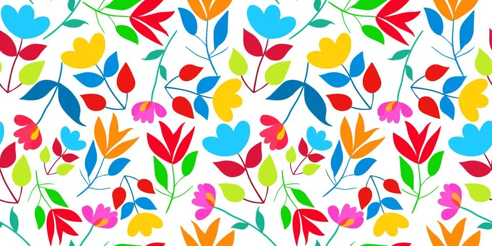 Vector seamless pattern with abstract bright colorful minimalist flowers on.. Stock Illustration