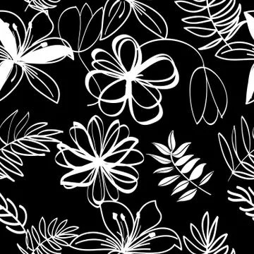 Vector seamless pattern  with abstract flowers, leaves on dark background Stock Illustration