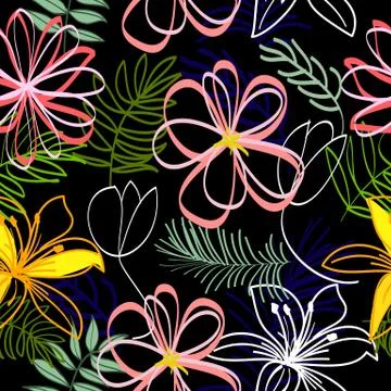 Vector seamless pattern  with abstract flowers, leaves on dark background Stock Illustration