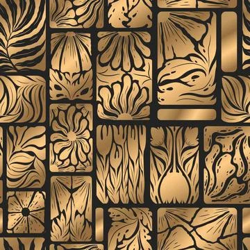 Vector seamless pattern with abstract gold flowers, leaves and branches iso.. Stock Illustration