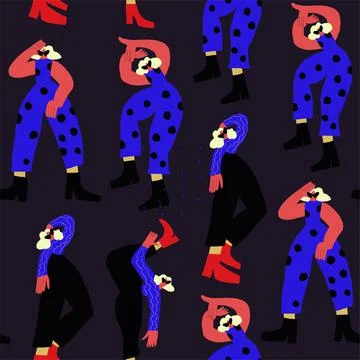 Vector seamless pattern of abstract people figures in retro style. Stock Illustration