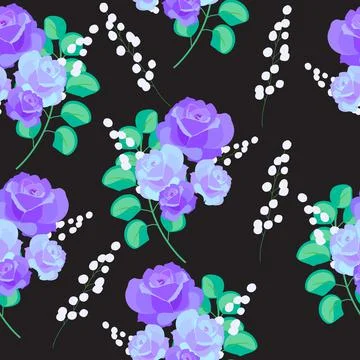 Vector seamless pattern with abstract purple roses on black, floral  backgrou Illustrazione stock