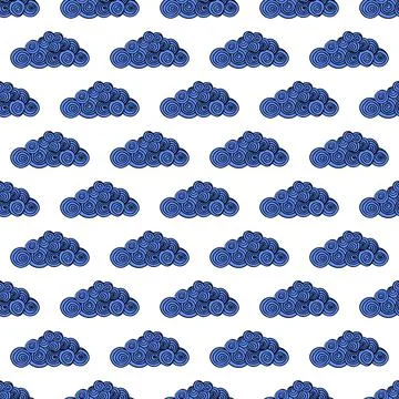 Vector seamless pattern with abstract swirl blue clouds on white background.  Stockillustratie
