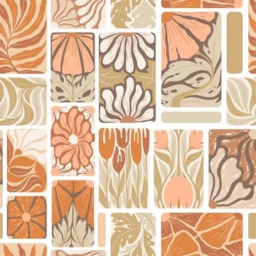 Vector seamless pattern with abstract vintage flowers, leaves and branches .. Stock Illustration