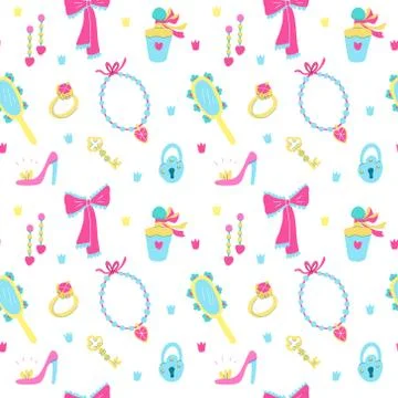 Vector seamless pattern with accessories for girls on white. Stock Illustration