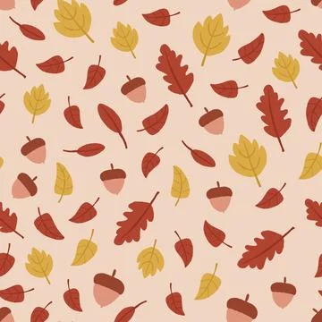 Vector seamless pattern with acorns, autumn leaves on beige background. Autumn 스톡 일러스트