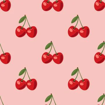 Vector Seamless Pattern with Adorable Cherry Couple on Pink Background. Cute Illustrazione stock