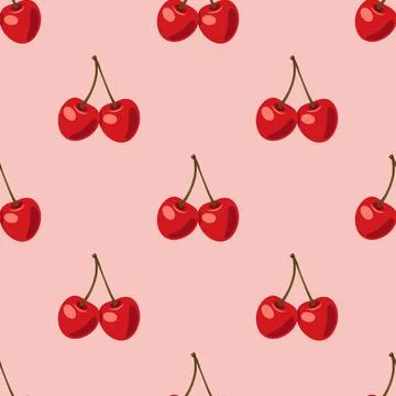 Vector Seamless Pattern with Adorable Cherry Couple on Pink Background. Cute Illustrazione stock