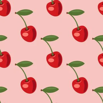 Vector Seamless Pattern with Adorable Cherry on Pink Background. Cute Cherries Illustrazione stock