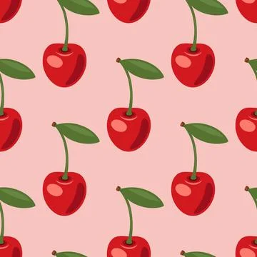 Vector Seamless Pattern with Adorable Cherry on Pink Background. Cute Cherries Illustrazione stock