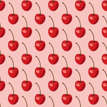 Vector Seamless Pattern with Adorable Cherry on Pink Background. Cute Cherries Stock Illustration