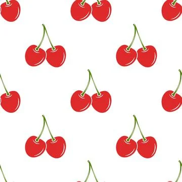 Vector Seamless Pattern with Adorable Cherry on White Background. Cute Cherries Stock Illustration