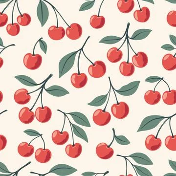 Vector Seamless Pattern with Adorable Cherry on White Background. Cute Cherries Stock Illustration