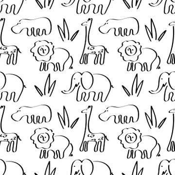 Vector Seamless pattern, African animals, giraffe, Hippo, elephant. Hand draw Stock Illustration