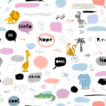 Vector seamless pattern with african animals and speech bubbless イラスト素材