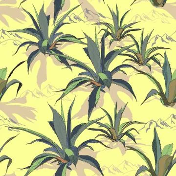 Vector seamless pattern with agave and mountains. Stock Illustration