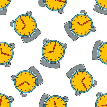 Vector seamless pattern with an alarm clock on a white background in the style Stock Illustration