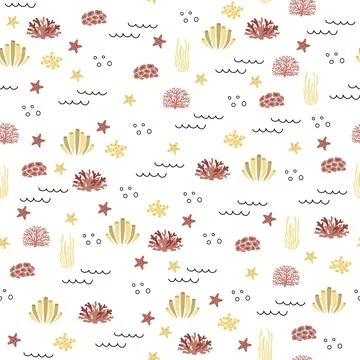 Vector seamless pattern with algae, corals.Underwater cartoon creatures.Marine Stockillustratie