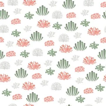 Vector seamless pattern with algae, corals.Underwater cartoon creatures.Marine 库存插图