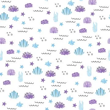 Vector seamless pattern with algae, corals.Underwater cartoon creatures.Marine Stock-Illustration