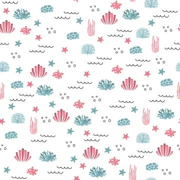 Vector seamless pattern with algae, corals.Underwater cartoon creatures.Marine 스톡 일러스트