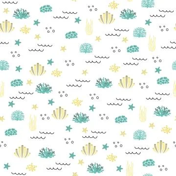 Vector seamless pattern with algae, corals.Underwater cartoon creatures.Marine Illustrazione stock