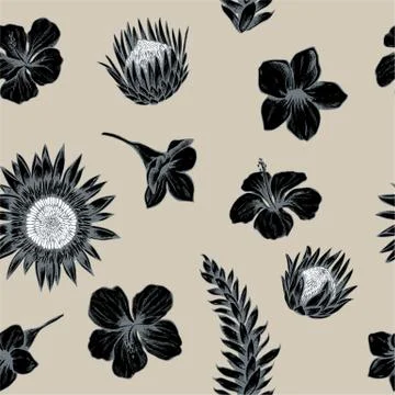 Vector seamless pattern of allamanda and vriesea. Hand drawn vector illustration 스톡 일러스트