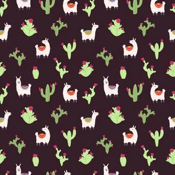 Vector seamless pattern with alpaca lama and cactus on a dark background. Vector Stock Illustration