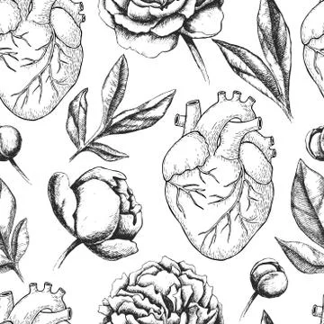 Vector seamless pattern with anatomical human heart and botanica Stock Illustration