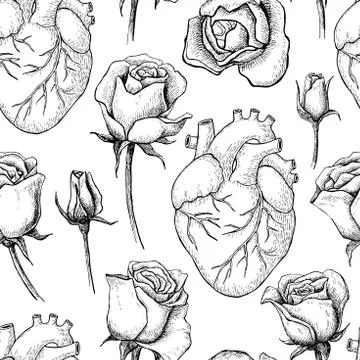 Vector seamless pattern with anatomical human heart and botanica Stock Illustration