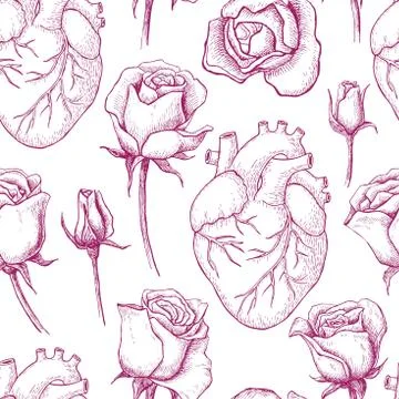 Vector seamless pattern with anatomical human heart and botanica Stock Illustration