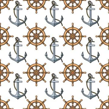 Vector seamless pattern with anchors and ship's wheels Stock Illustration