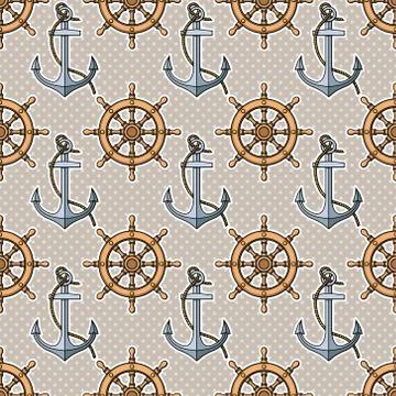 Vector seamless pattern with anchors and ship's wheels Stock Illustration